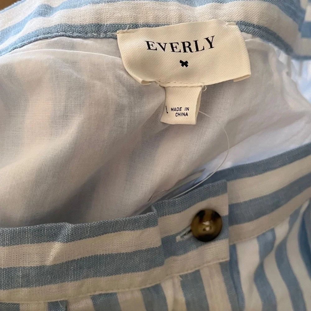 Everly Blue White Striped Linen Blend Button Front Midi Skirt Womens Large‎